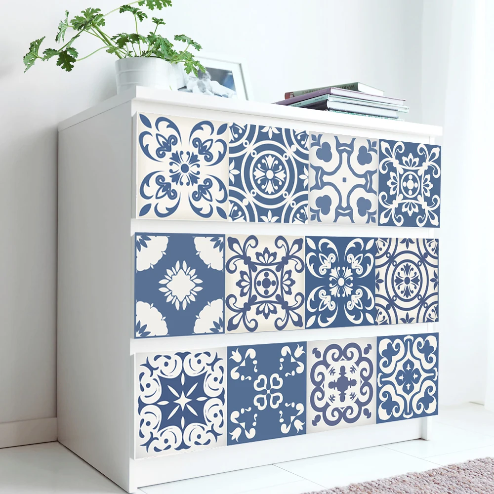 

21*100cm*7pcs Blue Moroccan Retro Laptop Sticker Cabinet Sticker Waterproof Floor Sticker For Kitchen Bathroom Wallpaper