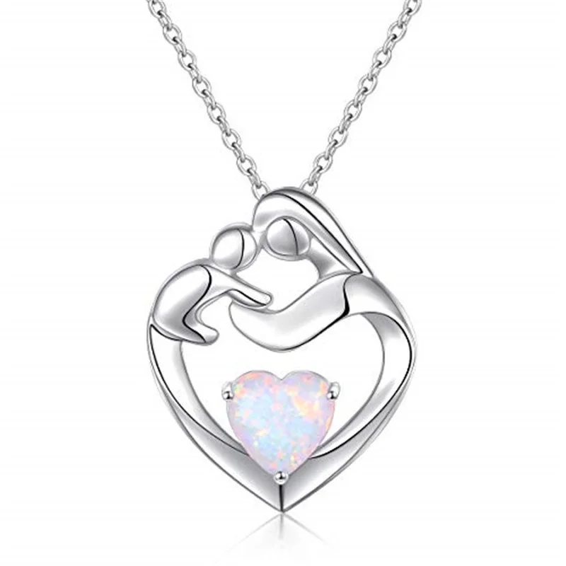 

Fashion Silver Mother and Child White Simulated Opal Heart Pendant Necklace