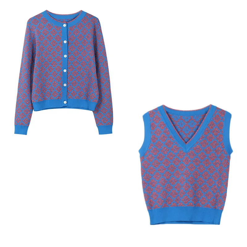 Two Piece Lucky Four-leaf Clover Jacquard Cardigan Women New High Quality Luxury Brand Cardigans Knitted Coat Tops Sweaters Set |