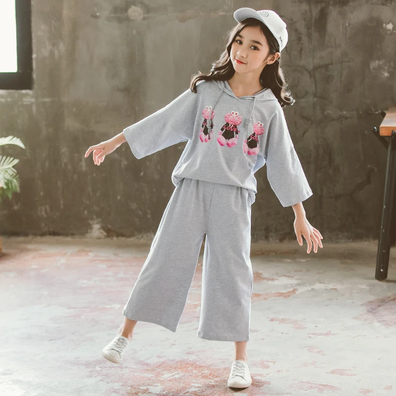 Осенний костюм с капюшоном широкие штаны для девочек 2019 корейские повседневные