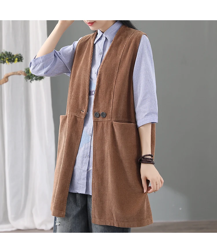 

Solid Long Women Vest Vintage Autumn Spring Corduroy Waistcoat V Nek Two Buttons Pockets Female Vests