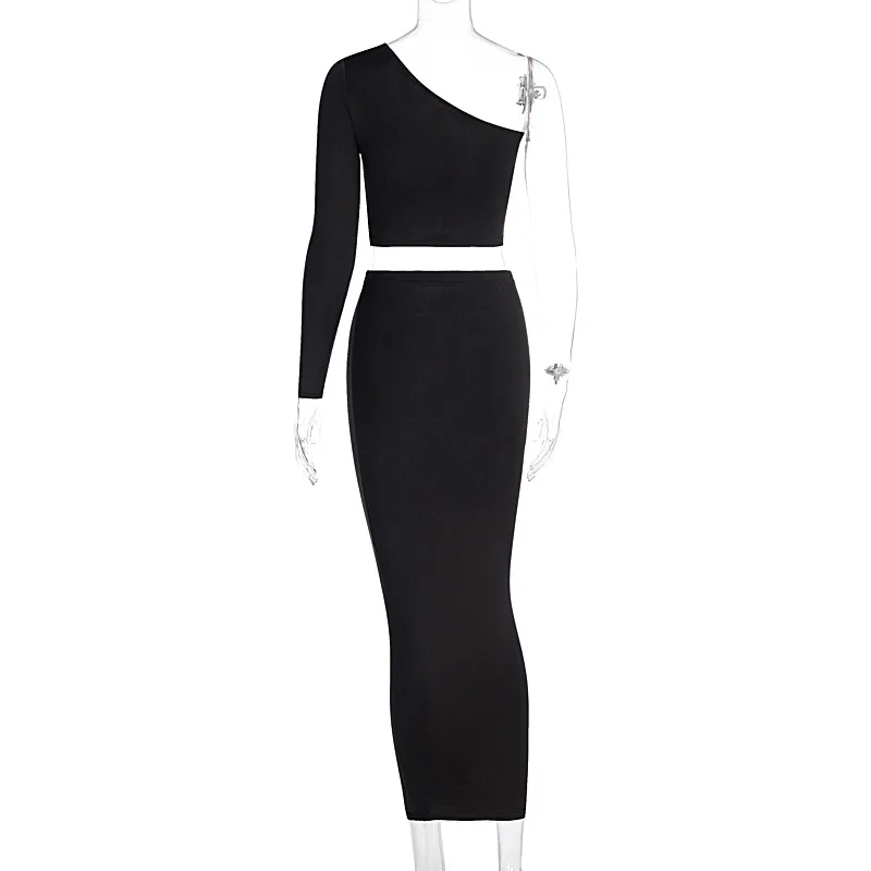 

2 Piece Set Skirt And One Shoulder Long Sleeve Crop Top Suits Spring Clothes For Women 2021 Fashion Sexy Party Club Outfits