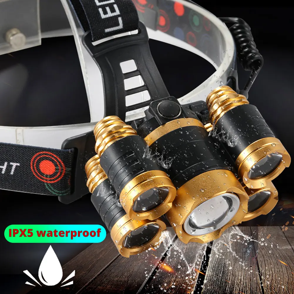 

Powerful LED Headlight headlamp 5LED T6 Head Lamp 8000lumens Flashlight Torch head light 18650 battery Best For Camping, fishing