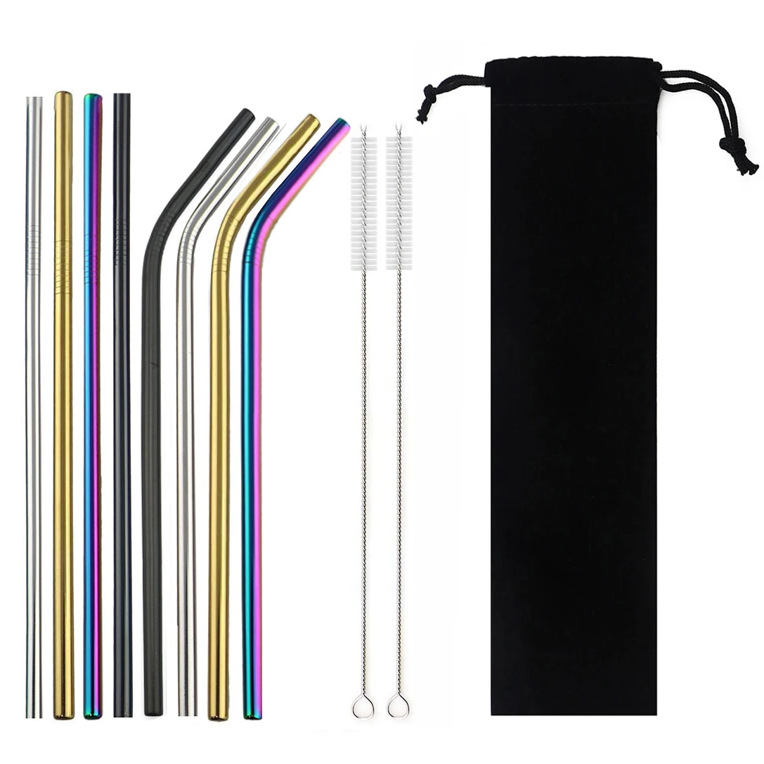 JANKNG Drinking Metal Straw Set Colorful Rainbow 304 Stainless Steel 20 oz Reusable With Clean Brush Pouch Bag | Дом и сад