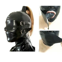 black latex mask rubber hood with hollow braid tube can blond wig eyeshade eyes cover and mouth gags with back zipper customize