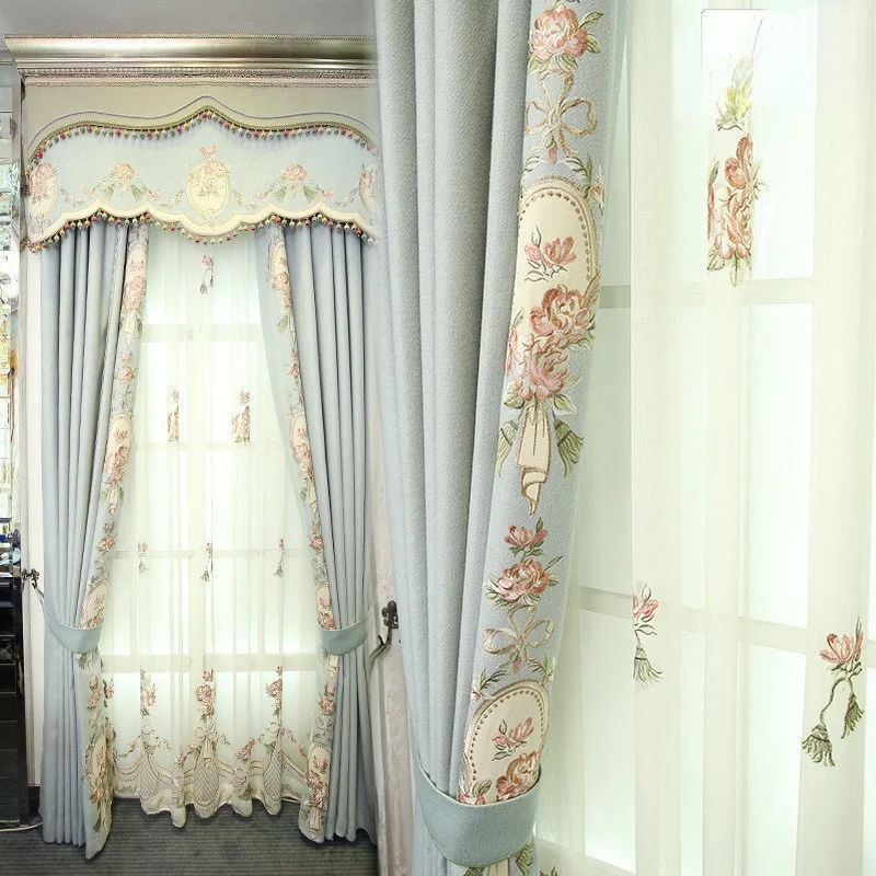 European Style Curtains for Living Dining Room Bedroom Study Curtains Imitation Cashmere Cloth Embroidered Shading French Villa