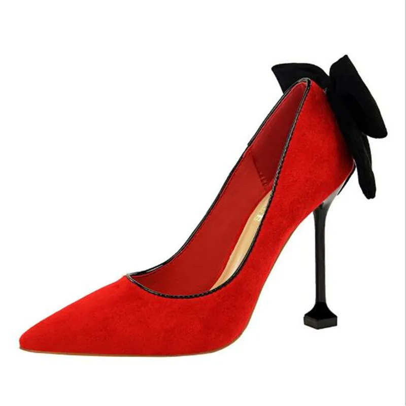 

2019 New Europe and The United States Sexy Thin High Heel Women Shoes Stiletto High Heel Suede Shallow Mouth Pointed Bow Shoes