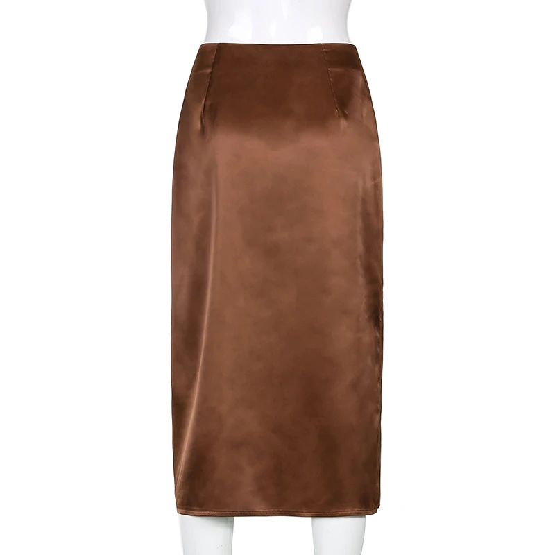 

MissThalia Y2K Fashion High Waist Brown Satin Midi Skirts E-Girl Streetwear Solid Split A-Line Vintage Skirt Cute Harajuku
