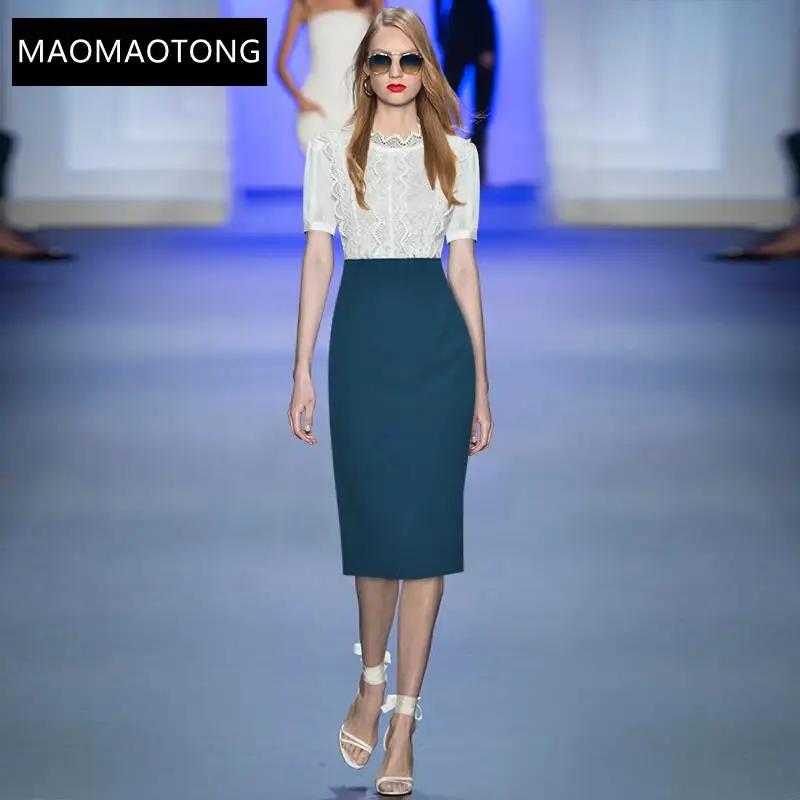 

Women's Clothing New 2021 Fashion Designer Summer Midi Dress Women Lace Patchwork Short Sleeve High Waist Slim Pencil Dress