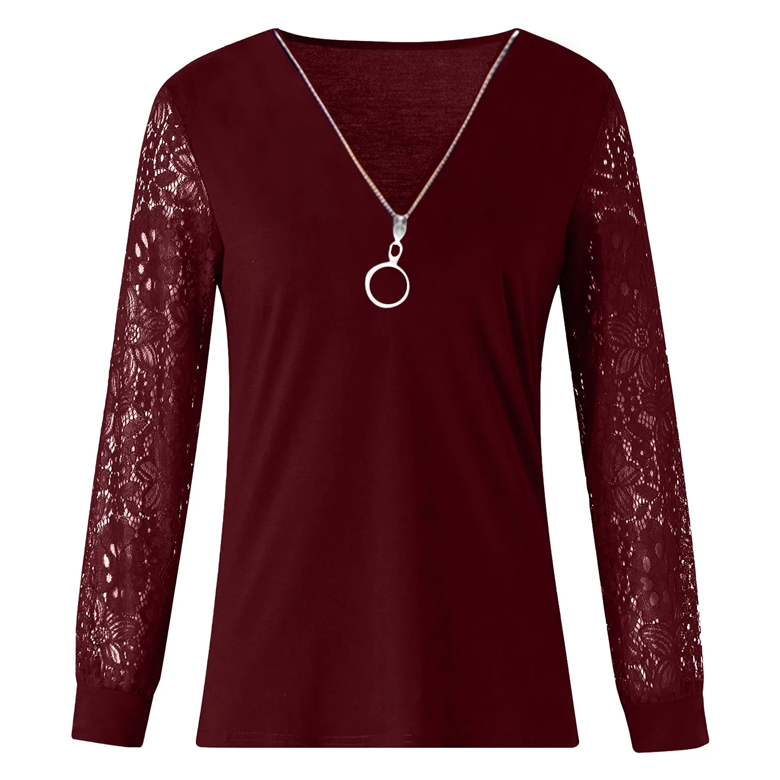 

Womens Blouse Casual Sexy Lace Mesh Stitching Transparent Long Sleeve V-neck Zipper Casual Women Tops And Blouses Blusa Famale