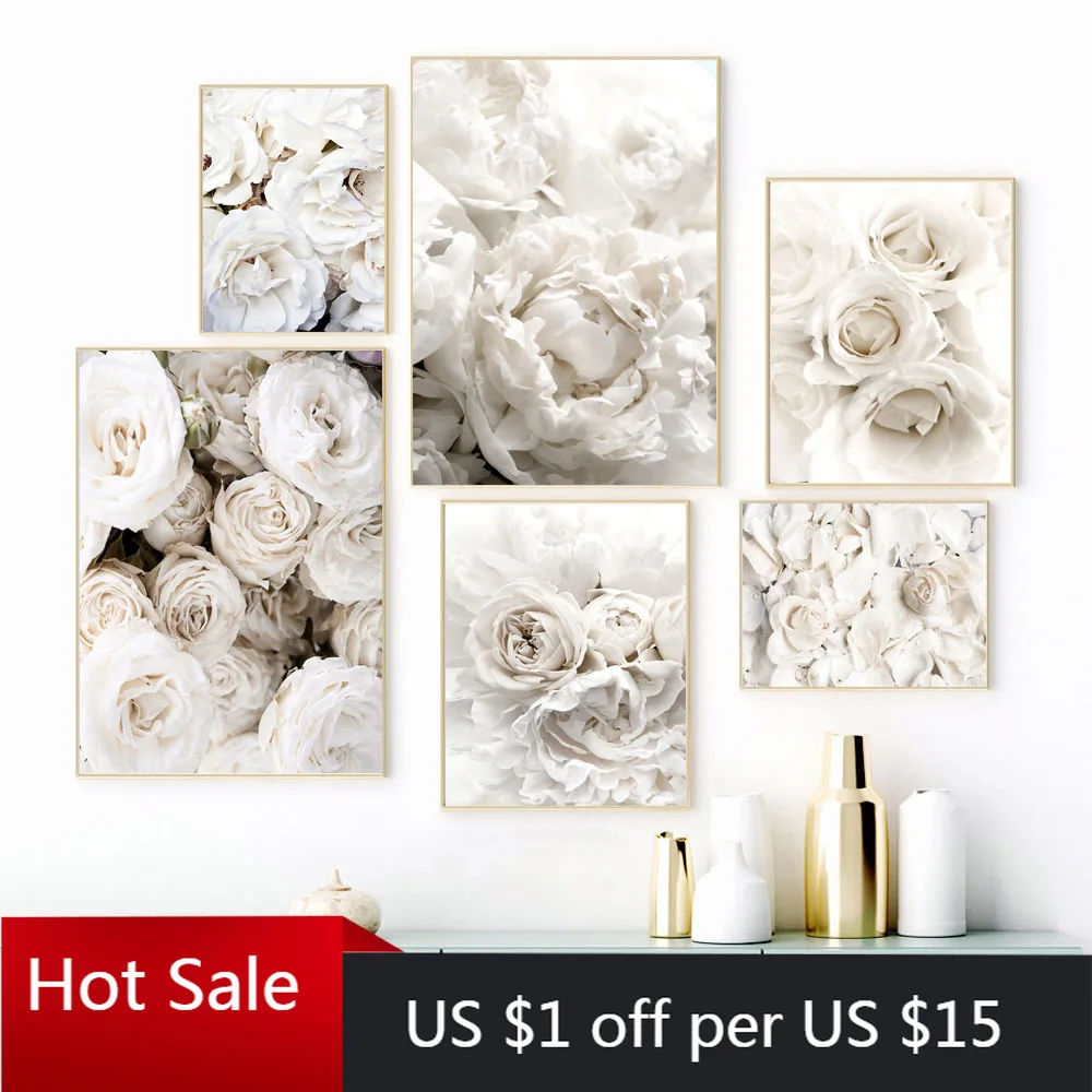 

Wall Art Canvas Painting Bloom Peony Rose White Flowers Garden Nordic Prints Wall Pictures For Posters Aesthetic Room Decor