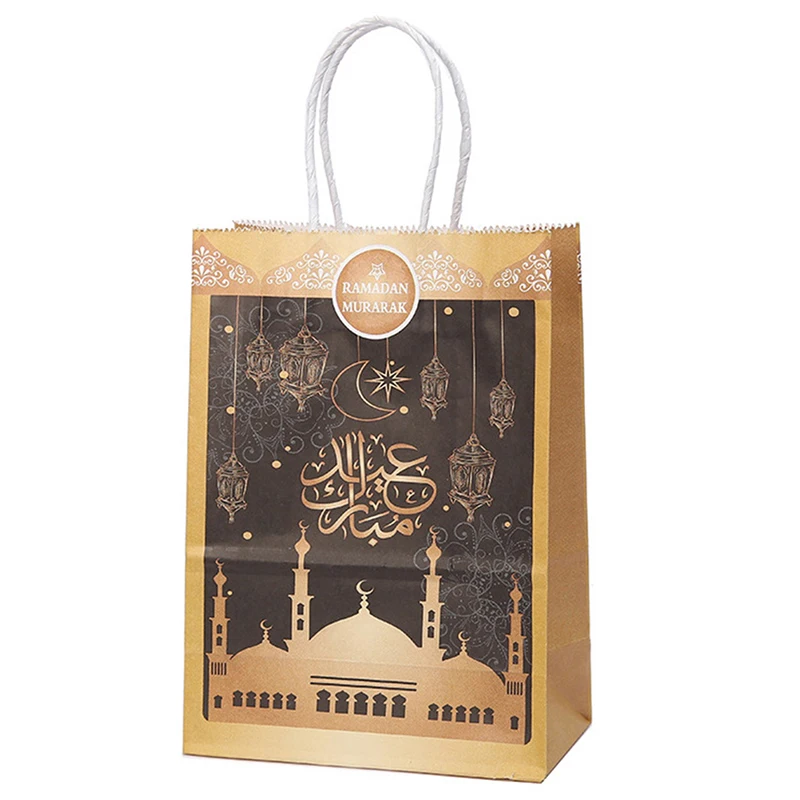 

12pcsMuslim Eid Mubarak Golden Tote Bags Commemorative Gift Packaging Ramadan Kraft Paper Bag Party Supplies Gift Bag