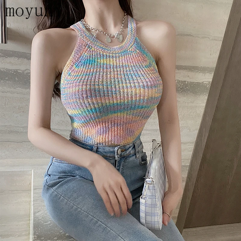 

Internet Hot Anchor 2021 Spring Summer Korean Fashion Style Sexy Short Crop Top Outer Wear Tanks Rainbow Color Knitted Camisole