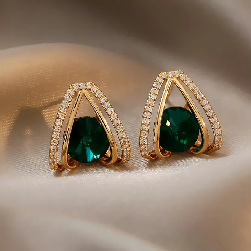 

2021 New Korean Fashion Sweet Green Crystal Drop Earrings Contracted Hollow Metal Heart Modelling Fresh Elegant Women Earrings