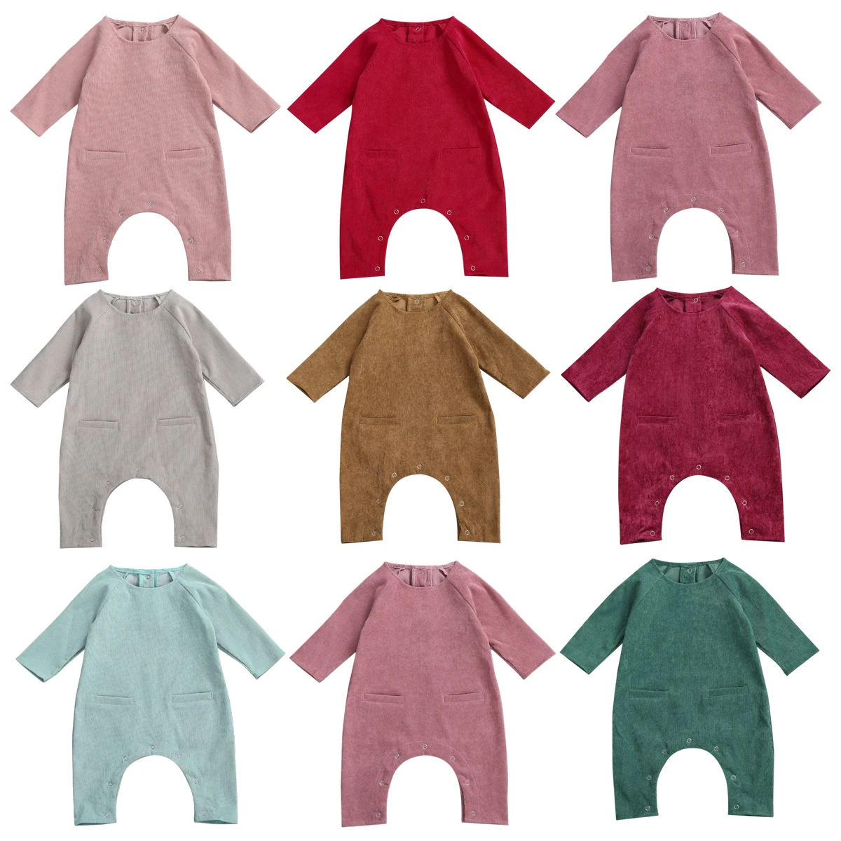 

Комбинезон с длинными рукавами для новорожденных, Осенний модный однотонный комбинезон с пуговицами сзади, длинные штаны, 2020