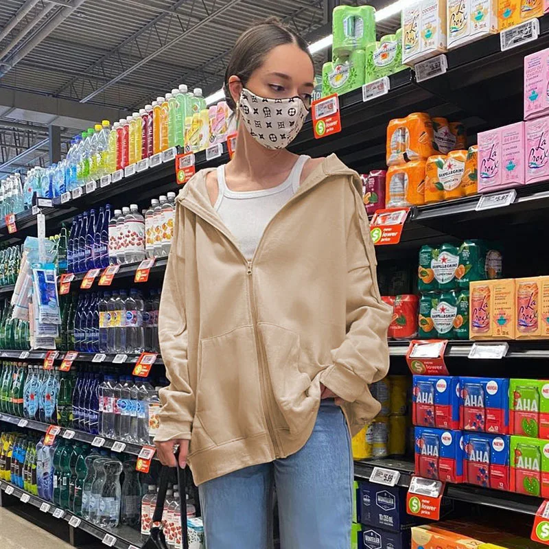 

Women's Hoodies Zip Up Hooded Sweatshirts Women 2021 Vintage Pockets Oversized Coat Autumn Y2K Aesthetic Long Sleeve Hoodie