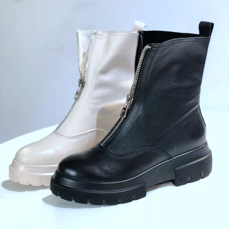 

2021 new shoes Women Genuine Leather Boots fashion Handmade cow leather Front zipper platform short boots 2 colors black boots