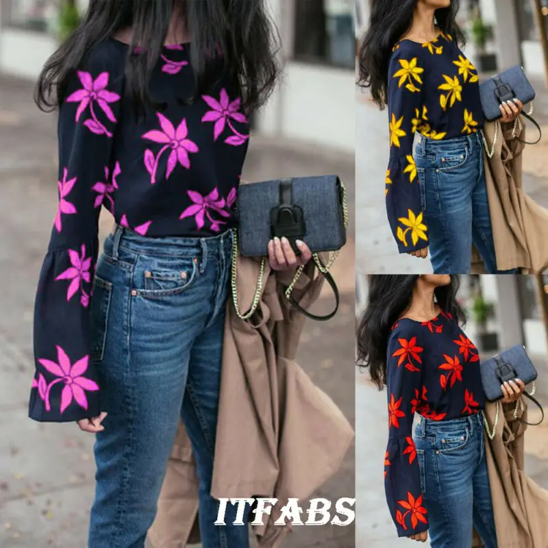 Женская футболка с длинным рукавом круглым вырезом и принтом в виде кленовых