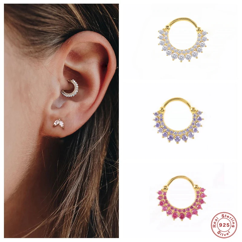 Aide 925 Sterling Silver Shiny Double Layer Rhinestone Hoop Earrings For Women Cartilage Hoop Ear Bone Buckle Piercing Jewelry