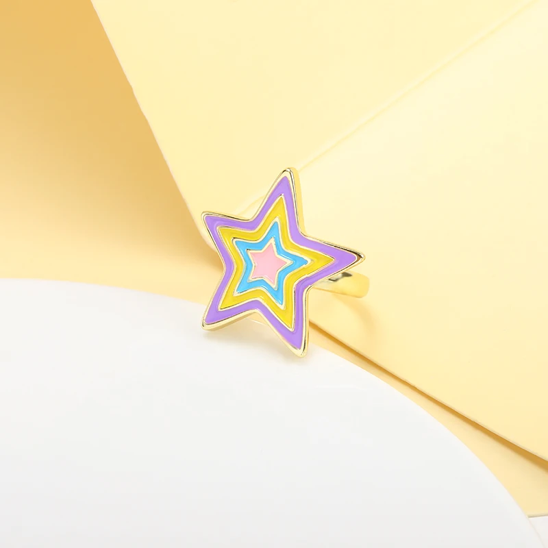 

New Design Color Dripping Oil Star Ring 2021 Fashion Statement Geometric Gold Color Charm Lady Girl Adjustable Rings Jewelry