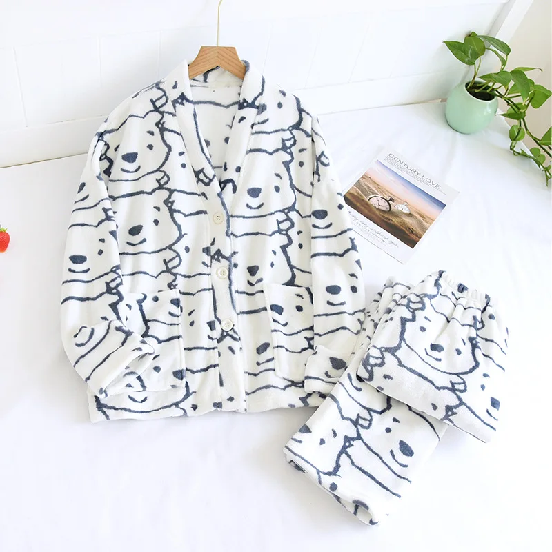 Пижамный комплект мужской/женский толстая фланелевая одежда для сна с длинным