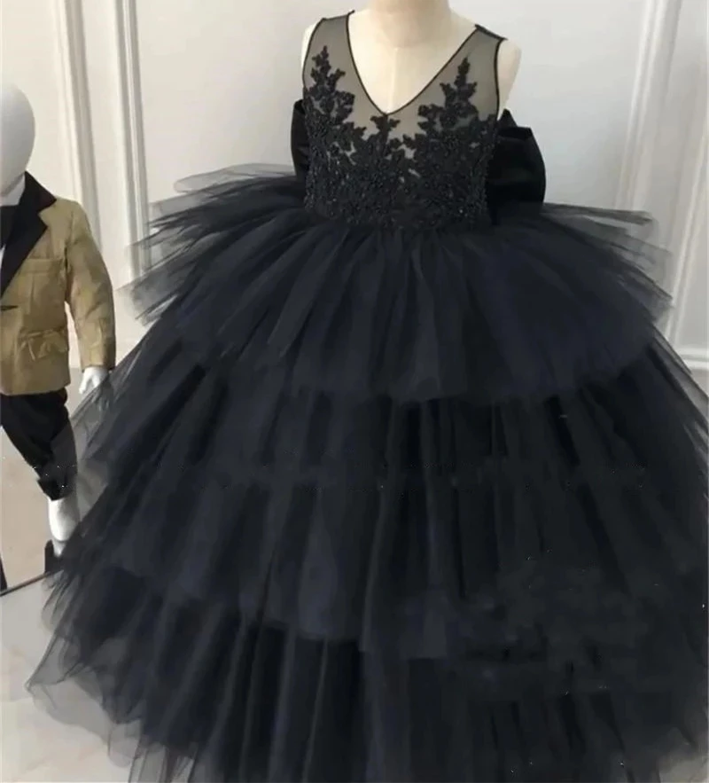

New Baby Girls Birthday Dresses Ball Gown Lace Sequined Beaded Plus Size Tulle Girls Pageant Party Gown with Bow