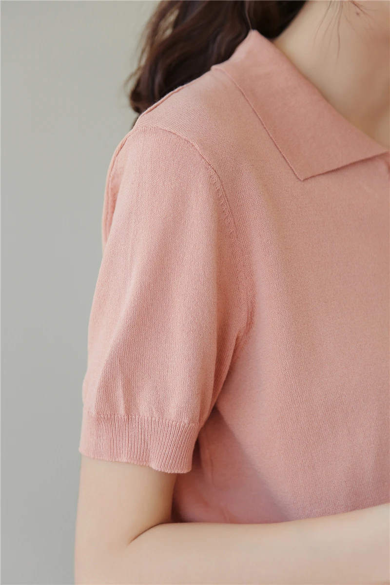 

Casual Solid Colour Knitted Women T-shirt Summer Turn-down Collar Short Sleeves Female Tops Small Fresh Basic Tee Shirts