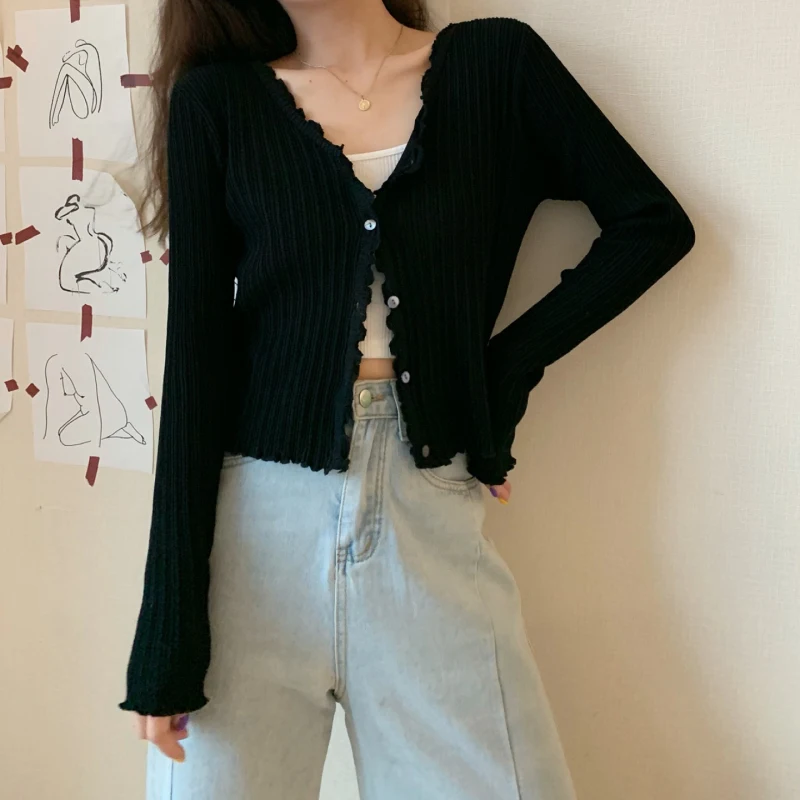

Women V-Neck Knitted Casual Ruched Short Sweaters Cardigans Lady Knitting Soft Thin Summer Cardigan Outwear for Female