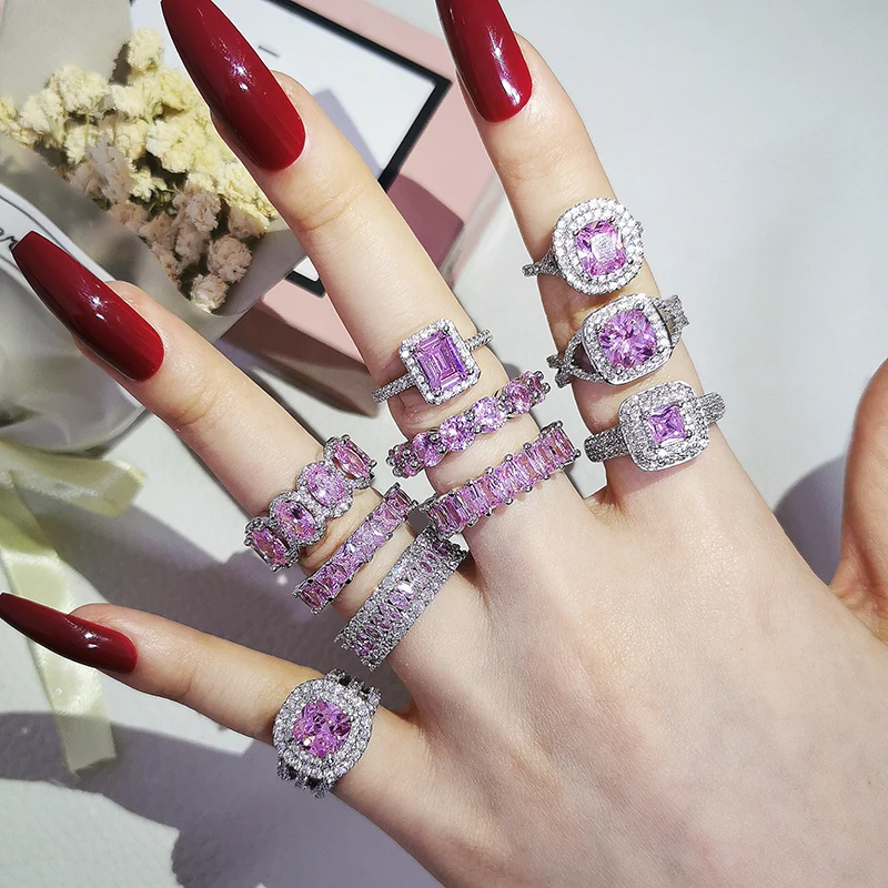 

2021 New Arrival Luxury Real 925 Sterling Silver Pink Engagement Wedding Ring Set Band Eternity For Women Party Gift Jewelry Z11