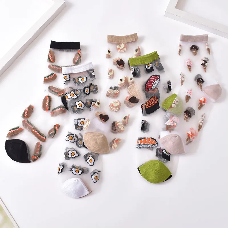 

2021 New Cartoon Cute Crystal Silk Socks Women Summer Ultra-thin Transparent Glass Silk Short Socks Fashion Harajuku Crew Socks