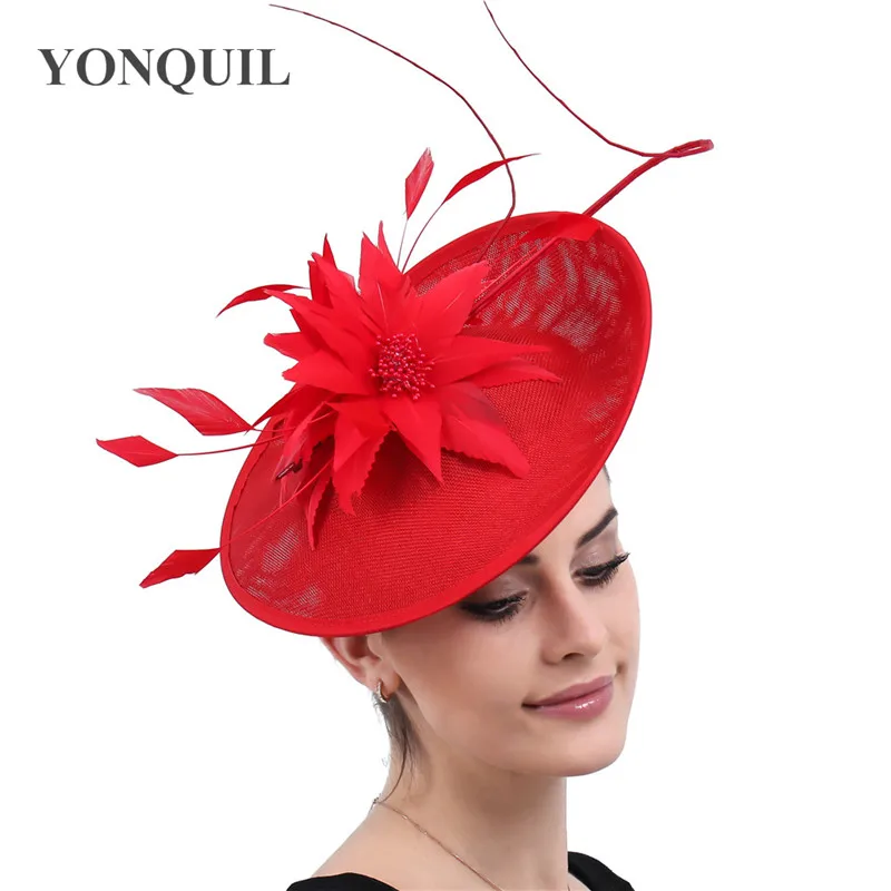 

Red Feathers Hair Accessories Big Fascinators Church Hats Women Wedding Headwear Bridal Ladies Party Tea Elegant Race Headpiece