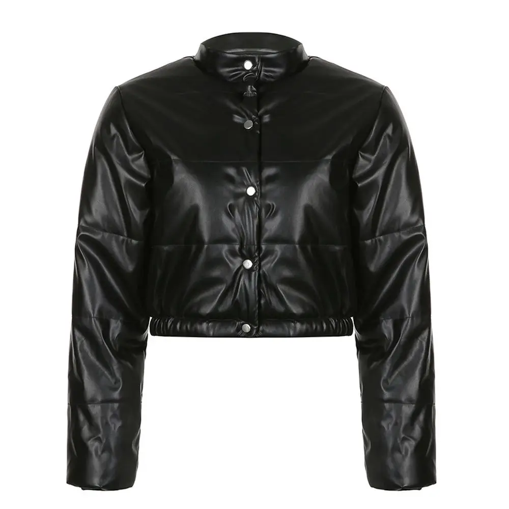 Autumn Winter Cotton Coat Women PU Leather Warm Jacket Loose Zipper Buckle Elastic Waist Clothes Female Long-Sleeved Overcoats