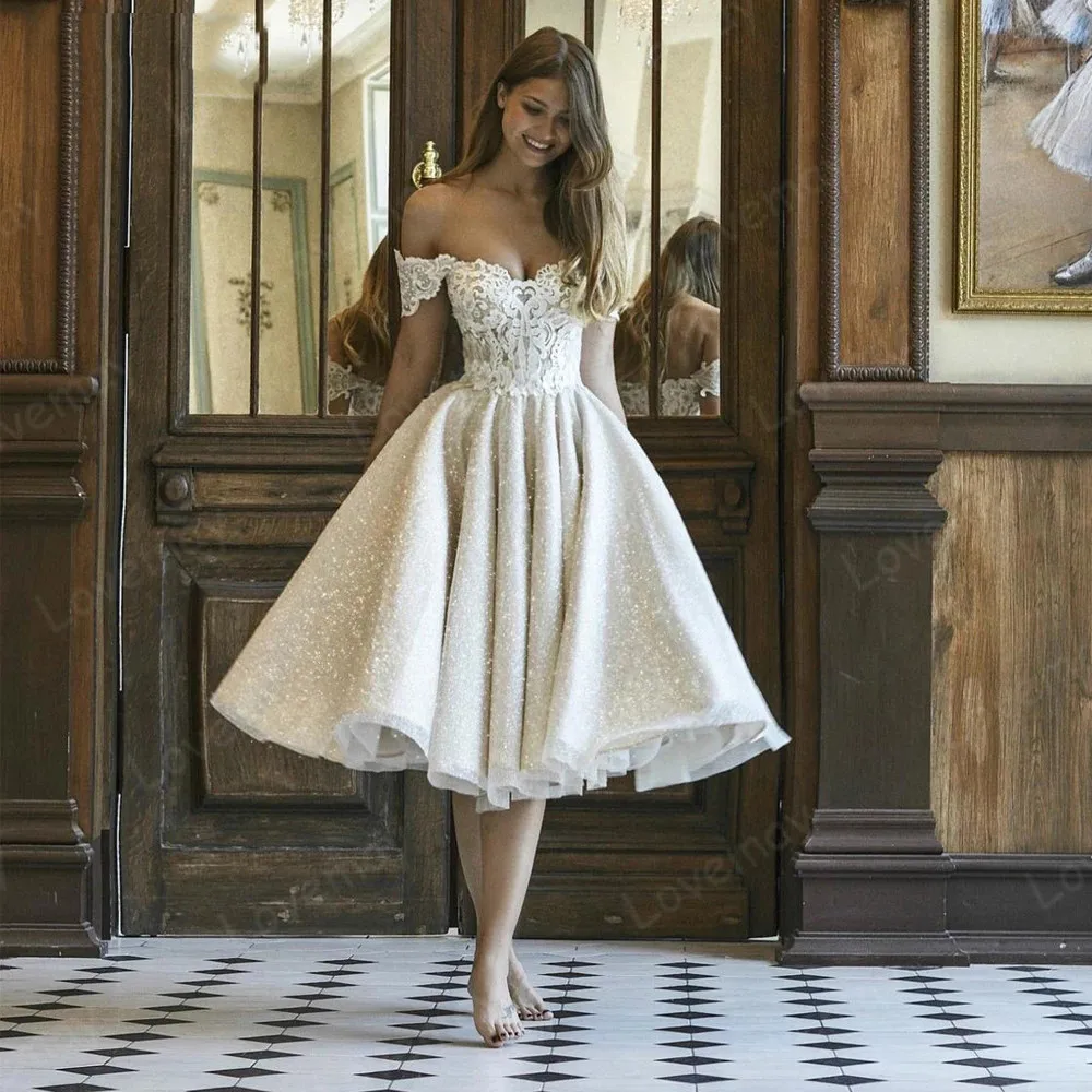 

Short Wedding Dresses 2021 Elegant Lace Appliqued Shiny Bridel Gowns Princess Off the Shoulder Beach Glitter Vestidos De Novia