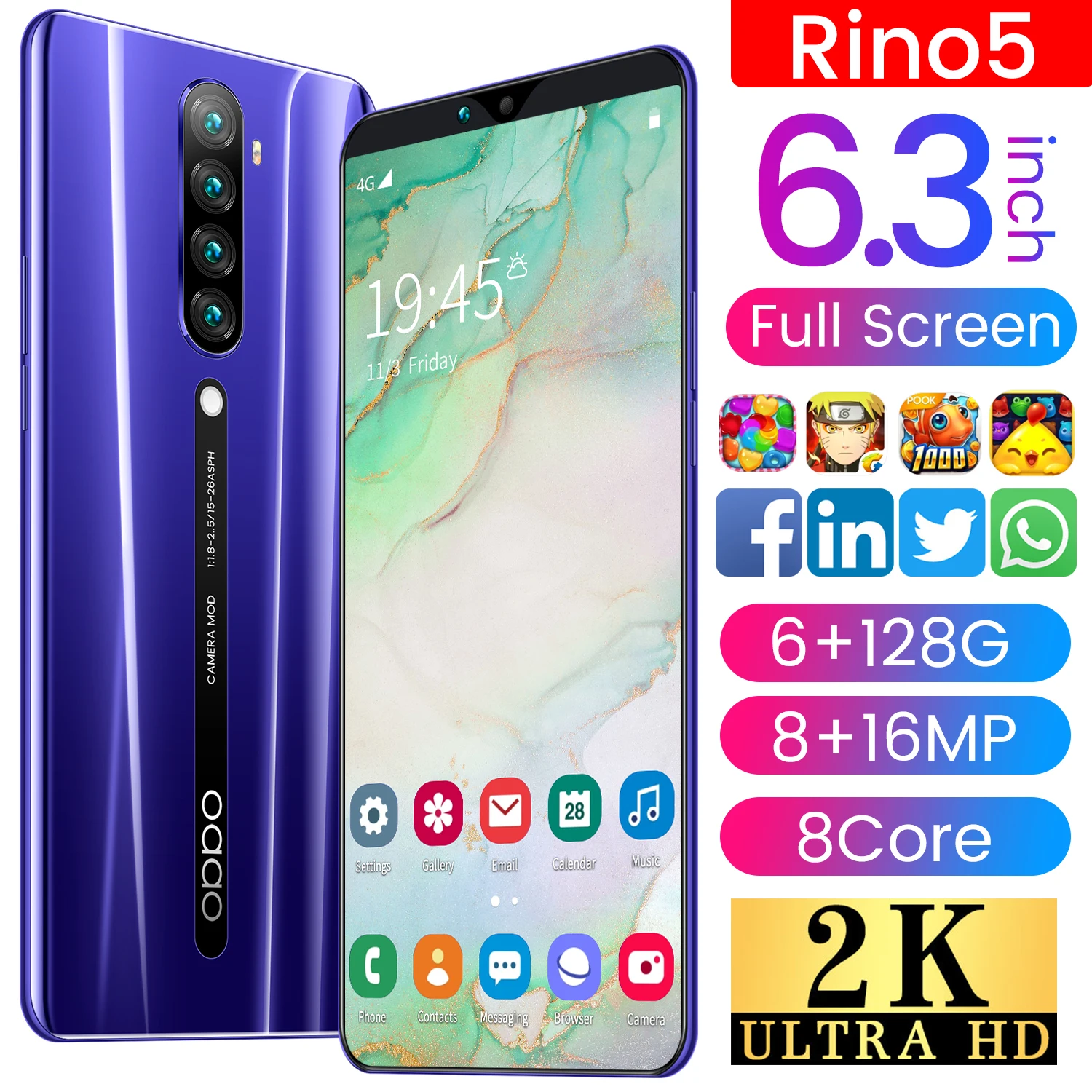 Смартфон глобальная версия Rino5 6 3 дюйма + 128 ГБ две SIM карты 8 16 Мп 4800 мА · ч ядер Android