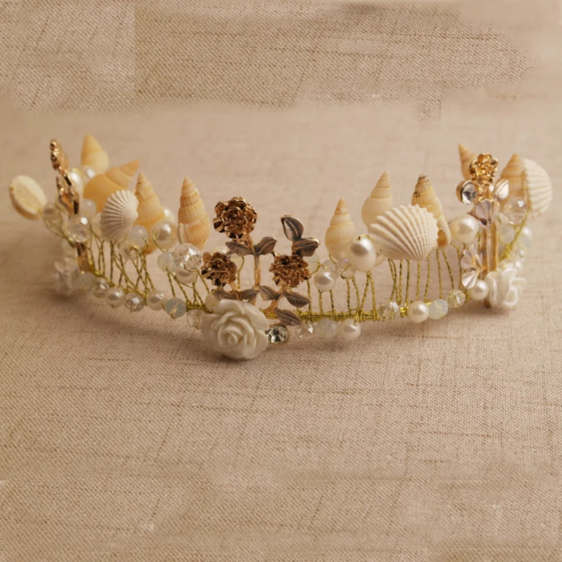 

Bridal Jewelry Pearl Conch Shell Beaded Headdress Floral Tiara Crown Hair Hoop Crystal Rhinestone Tiaras for Bride Wedding