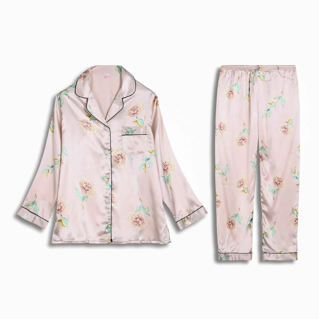 

New Spring Summer New Style Ladies Floral Print Pajamas Set Silky Satin Rayon Ladies Home Wear Long-sleeved Trousers Set