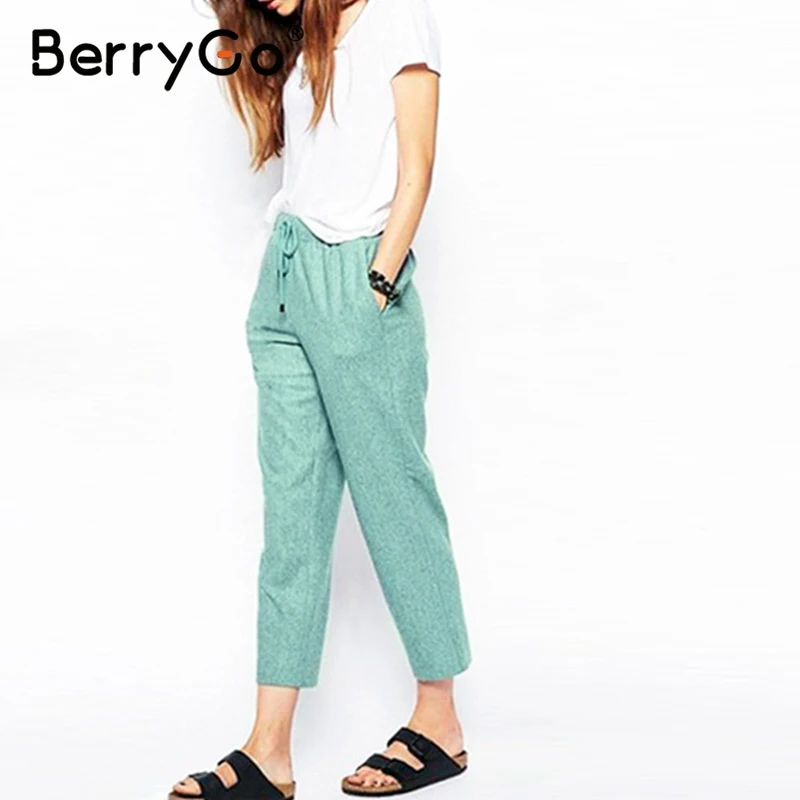 BerryGo High waist tie up causal pants women 2020 Spring streetwear cotton female Holiday office lady summer | Женская одежда