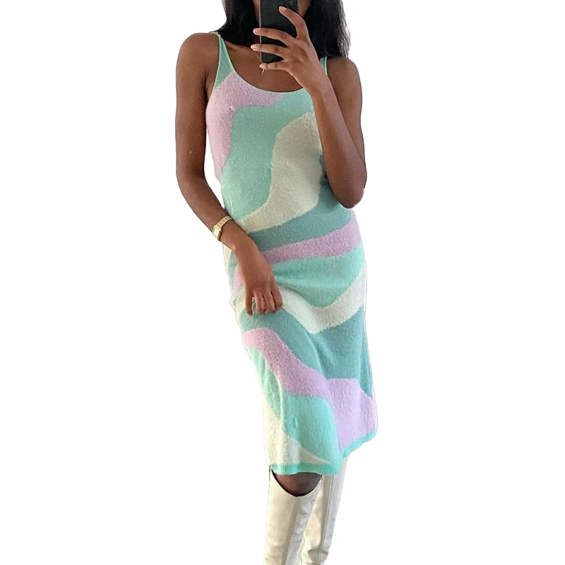 

Womens Midi Dresses Spring Striped Knitted Dresses with Straps Sexy Velvet Dress Furry Elegant Vintage Bodycon Office Clothes