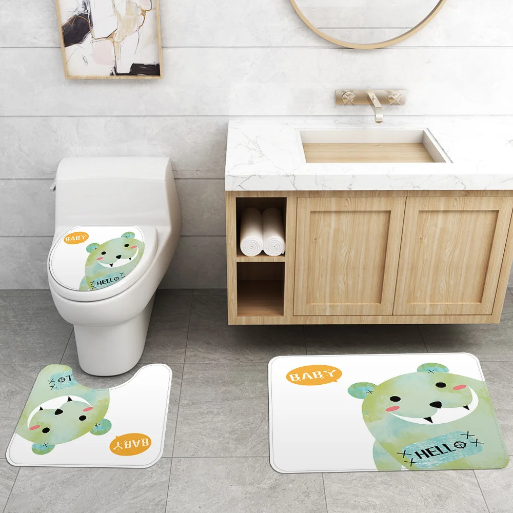 Cartoon Animal Bathroom Mat and Shower Curtain Set Microfiber Toilet Rug Seat Cover Non-Slip Bath | Дом и сад