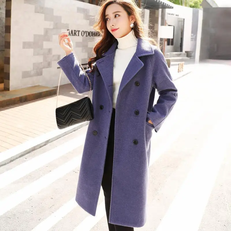 Женское винтажное однобортное пальто синее шерстяное средней длины с отложным