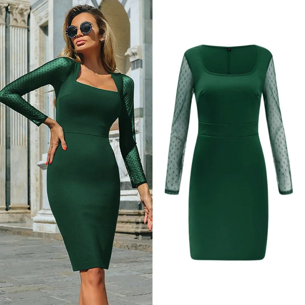 Платье женское кружевное до колен с квадратным вырезом и длинным рукавом|Женские