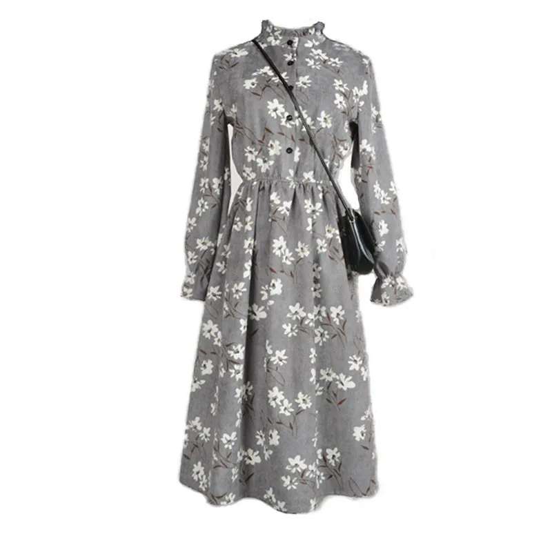 Женское элегантное вельветовое платье с цветочным принтом повседневное осеннее