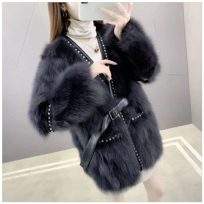 New high-end thickened fur coat women's fashion cardigan rivet waist imitation fur one coat short fashion