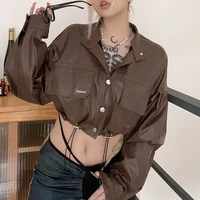 trendy cool single breasted lapel leather jacket dresses for women 2021 autumn new short coats and jacks women splicing clothes