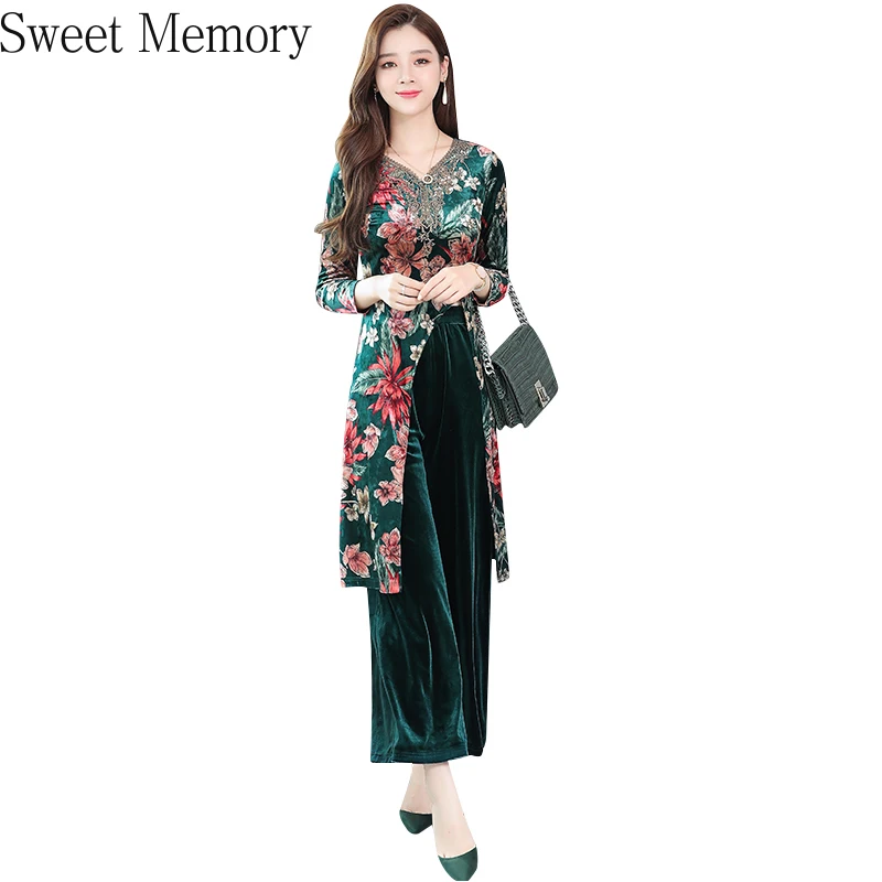 

2021 Sweet Memory Female Plus Size Velvet Flower Print Slit Tops+wide-legged Pants Suits Women Printing Lace 2 Piece Sets