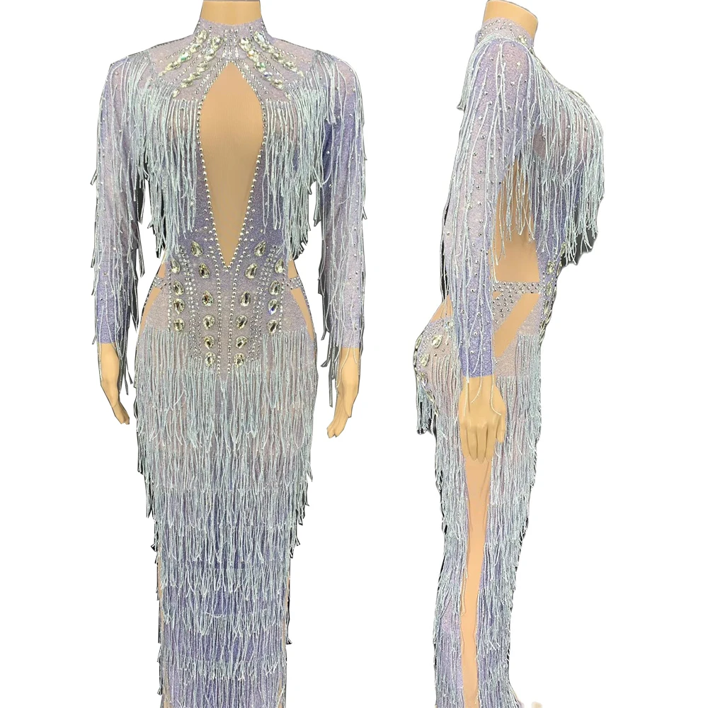 Sparkling Rhinestones Tassel Split Fork Dress Ankle-Length Long Sleeve Club Evening Costume Party For Women Stage Wear |
