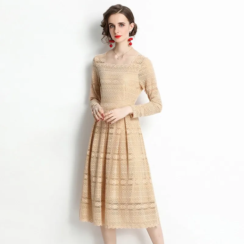 

2021 autumn fashion women Lace Hollow Out Dresses Long Sleeve Elegant casual Dress Vestidos