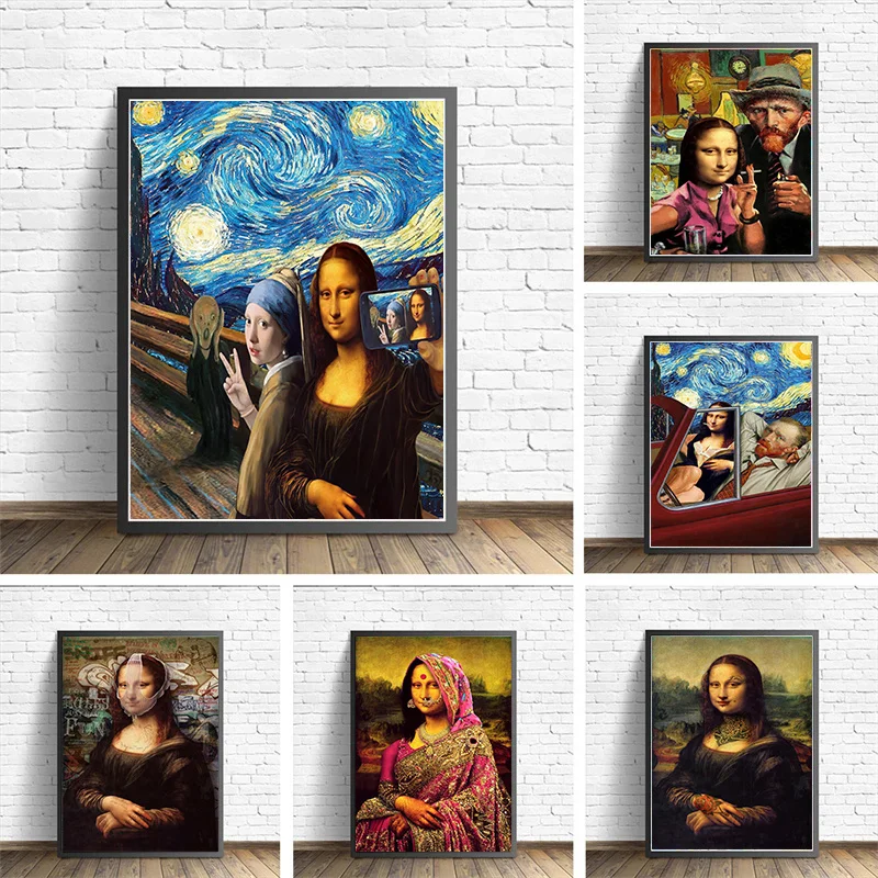 

New Funny Mona Lisa Canvas Posters and Prints Mona Lisa and Van Gogh The Girl with Pearl Painting Funny Creativity Wall Picture