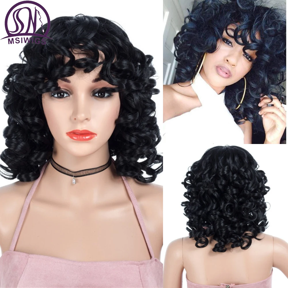 

MSIWIGS короткие парики с кудрявыми челками, черные синтетические термостойкие волосы для женщин, смешанные светлые цвета