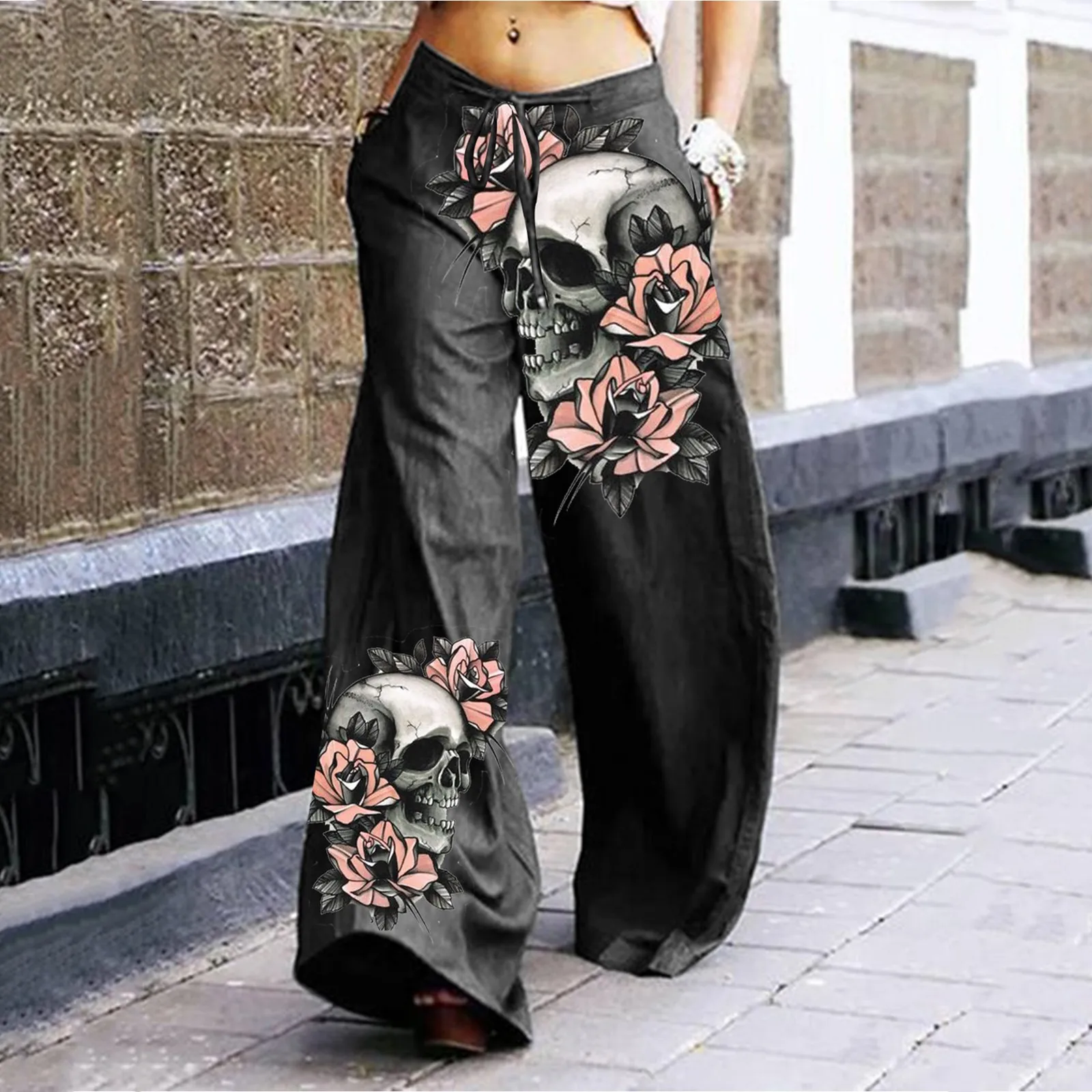 

Women Wide Leg Pants With Pockets Halloween Element Pants Flower Skull Pattern Harajuku Gothic Print Design Baggy Trousers New